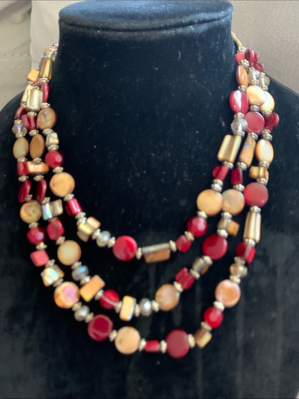 Layered Red and Gold Bead Shells /Crystal Multi-Strand Necklace